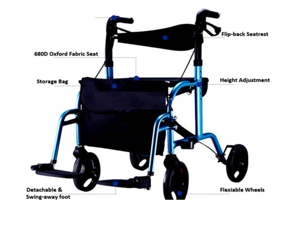 Bytrex, Popular Euro Style Aluminum Adjustable Rollator Walker with Detachable and Swing Away Footrests