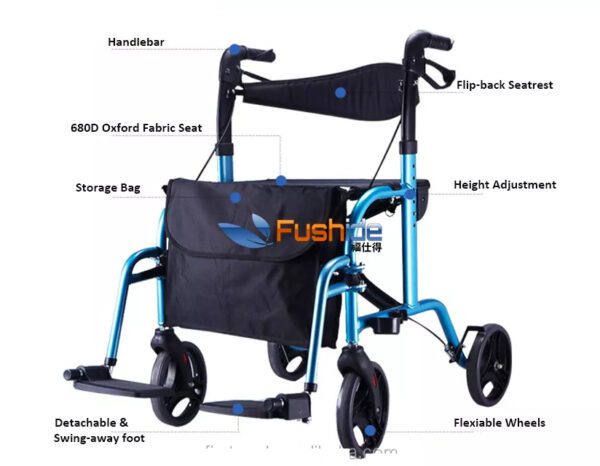 Bytrex, Popular Euro Style Aluminum Adjustable Rollator Walker with Detachable and Swing Away Footrests