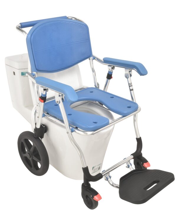 Bytrex, Aluminum Shower Wheelchair with Commode, Rolling Bedside Commode with Locking Wheels Bath Toilet Commode Chair with Detachable Bucket