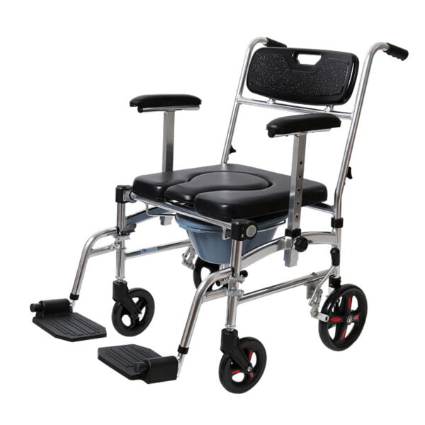 Bytrex, Commode Shower Chair, Transport chair, Bedside toilet chair, Wheelchair 4 in 1 Padded Toilet Seat, with 4 Brakes, Removable Pedal, Adjustable armrest, PU Commode Seat and Pail 280lb