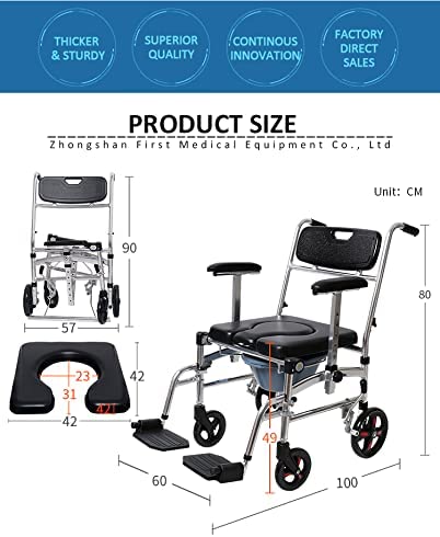 Bytrex, Commode Shower Chair, Transport chair, Bedside toilet chair, Wheelchair 4 in 1 Padded Toilet Seat, with 4 Brakes, Removable Pedal, Adjustable armrest, PU Commode Seat and Pail 280lb