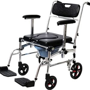 Bytrex, Commode Shower Chair, Transport chair, Bedside toilet chair, Wheelchair 4 in 1 Padded Toilet Seat, with 4 Brakes, Removable Pedal, Adjustable armrest, PU Commode Seat and Pail 280lb