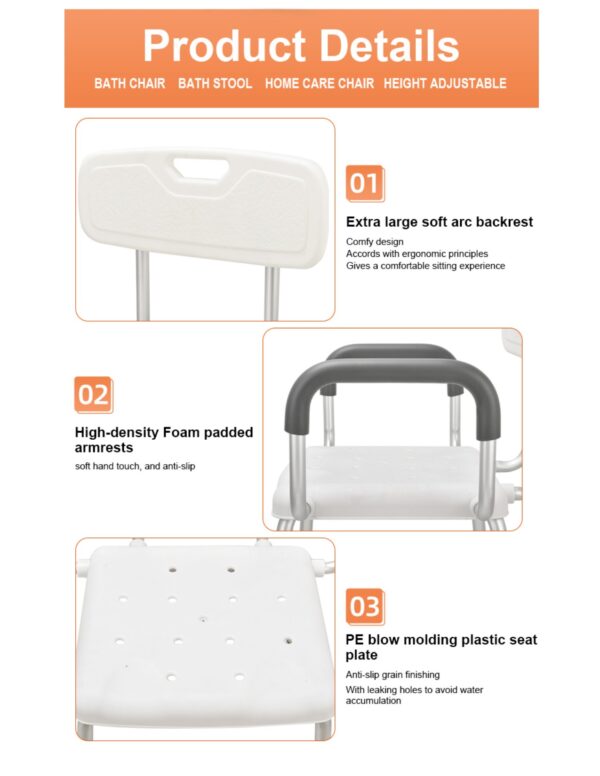 Bytrex, Bath Chair with Handle, Shower Chair, Easy to assemble, no tools required, Aluminum, Height Adjustable, Anti Slip for Safety