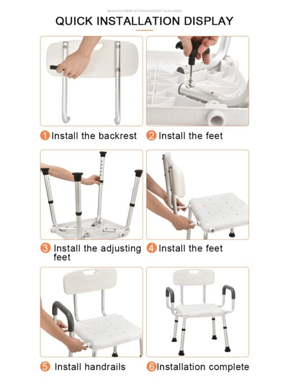 Bytrex, Bath Chair with Handle, Shower Chair, Easy to assemble, no tools required, Aluminum, Height Adjustable, Anti Slip for Safety