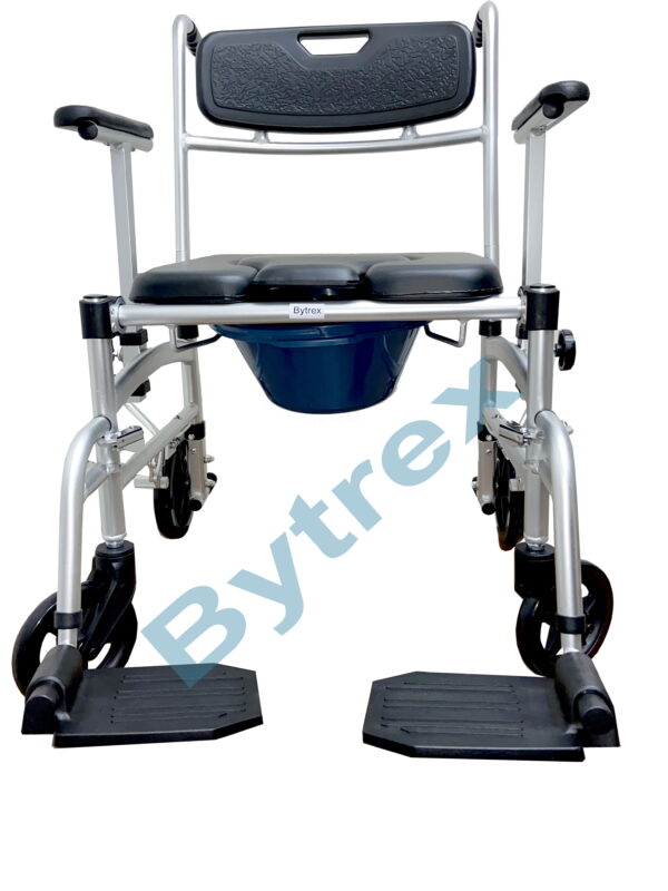 Bytrex, Commode Shower Chair, Transport chair, Bedside toilet chair, Wheelchair 4 in 1 Padded Toilet Seat, with 4 Brakes, Removable Pedal, Adjustable armrest, PU Commode Seat and Pail 280lb