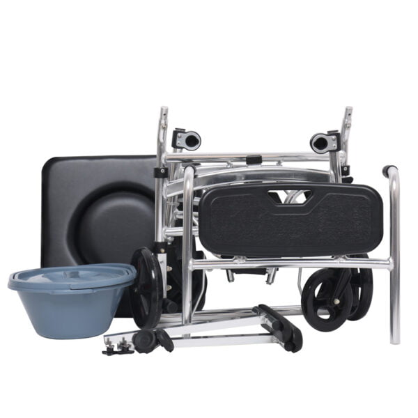 Bytrex, Commode Shower Chair, Transport chair, Bedside toilet chair, Wheelchair 4 in 1 Padded Toilet Seat, with 4 Brakes, Removable Pedal, Adjustable armrest, PU Commode Seat and Pail 280lb