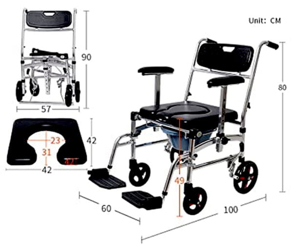Bytrex, Commode Shower Chair, Transport chair, Bedside toilet chair, Wheelchair 4 in 1 Padded Toilet Seat, with 4 Brakes, Removable Pedal, Adjustable armrest, PU Commode Seat and Pail 280lb