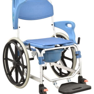 Folding Wheeled Shower Commode/Wheelchair 73cm Rear Wheel - 2 Wheel Brakes (360°), Aluminum Alloy Bathroom Wheelchair,150kg Load, for Adults Handicap Elderly, Bucket/Lid/Splash Guard, Movable Armrest