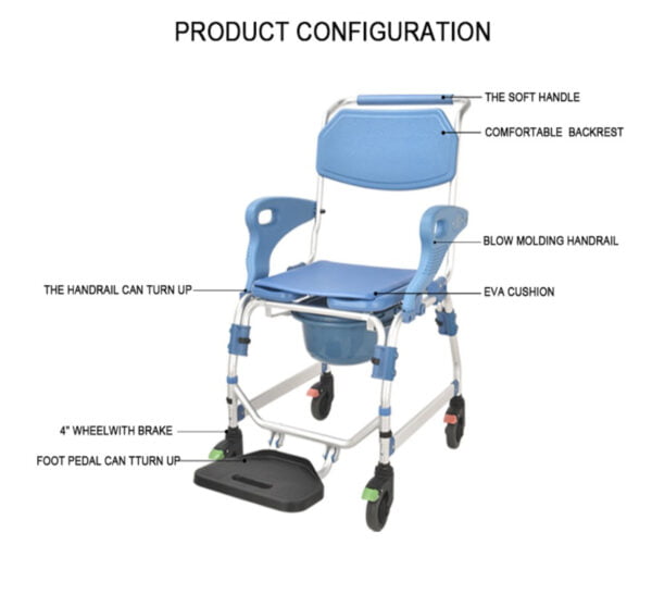 Bytrex - Medical Wheeled Shower Commode Chair, Mobile Bedside Commode Over Toilet Chair with Padded Seat water-proof seat Armrests and footrest can be flip-up