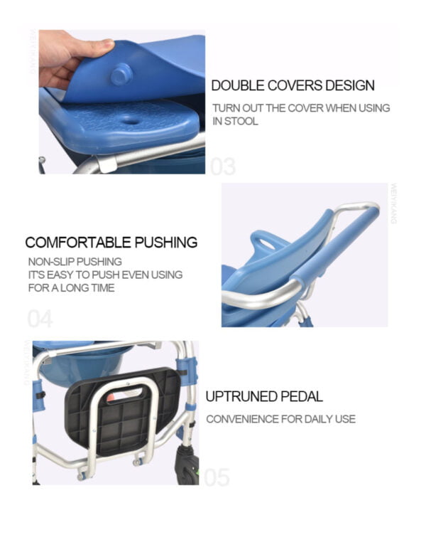 Bytrex - Medical Wheeled Shower Commode Chair, Mobile Bedside Commode Over Toilet Chair with Padded Seat water-proof seat Armrests and footrest can be flip-up