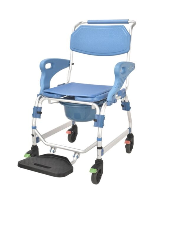 Bytrex - Medical Wheeled Shower Commode Chair, Mobile Bedside Commode Over Toilet Chair with Padded Seat water-proof seat Armrests and footrest can be flip-up
