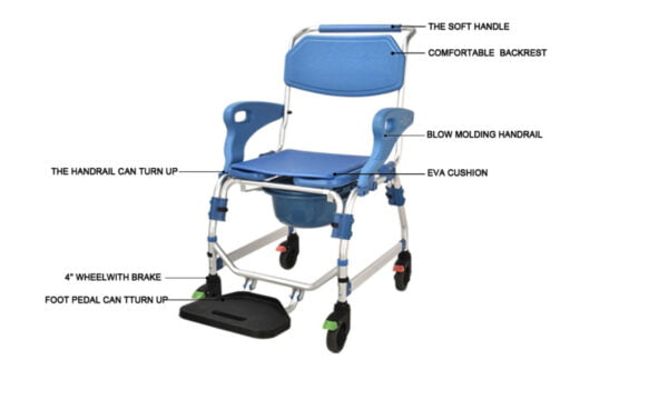Bytrex - Medical Wheeled Shower Commode Chair, Mobile Bedside Commode Over Toilet Chair with Padded Seat water-proof seat Armrests and footrest can be flip-up