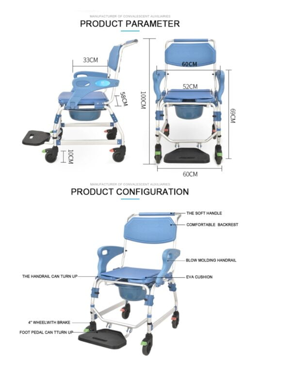 Bytrex - Medical Wheeled Shower Commode Chair, Mobile Bedside Commode Over Toilet Chair with Padded Seat water-proof seat Armrests and footrest can be flip-up