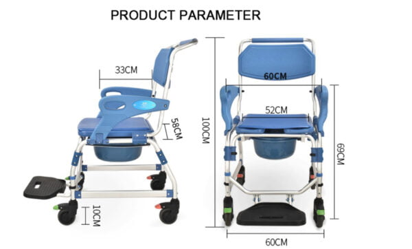 Bytrex - Medical Wheeled Shower Commode Chair, Mobile Bedside Commode Over Toilet Chair with Padded Seat water-proof seat Armrests and footrest can be flip-up